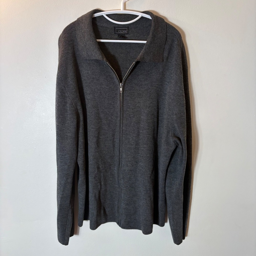 Cezani Mens XL Merino Wool Blend Full Zip Cardigan Sweater Gray‎